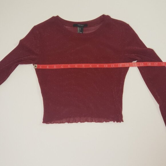 FOREVER 21 Women’s Size Small Mesh Crop Top Red Wine & Gold Shimmer Long Sleeve - Picture 8 of 16